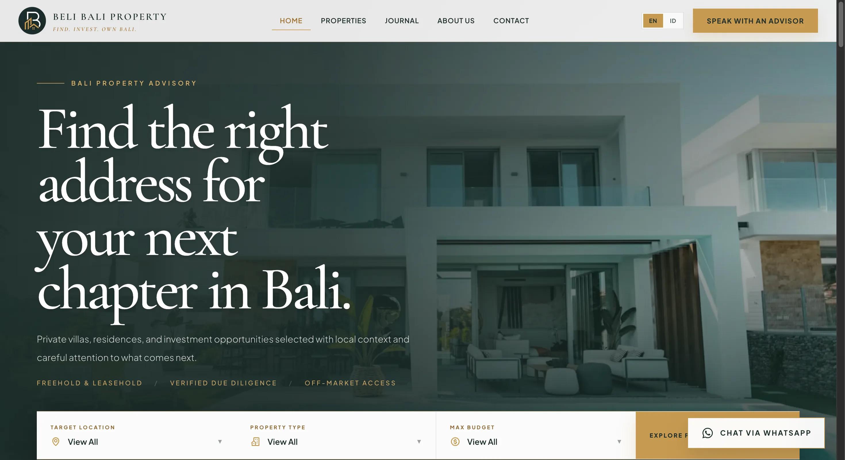 Tampilan beranda dan hero Beli Bali Property