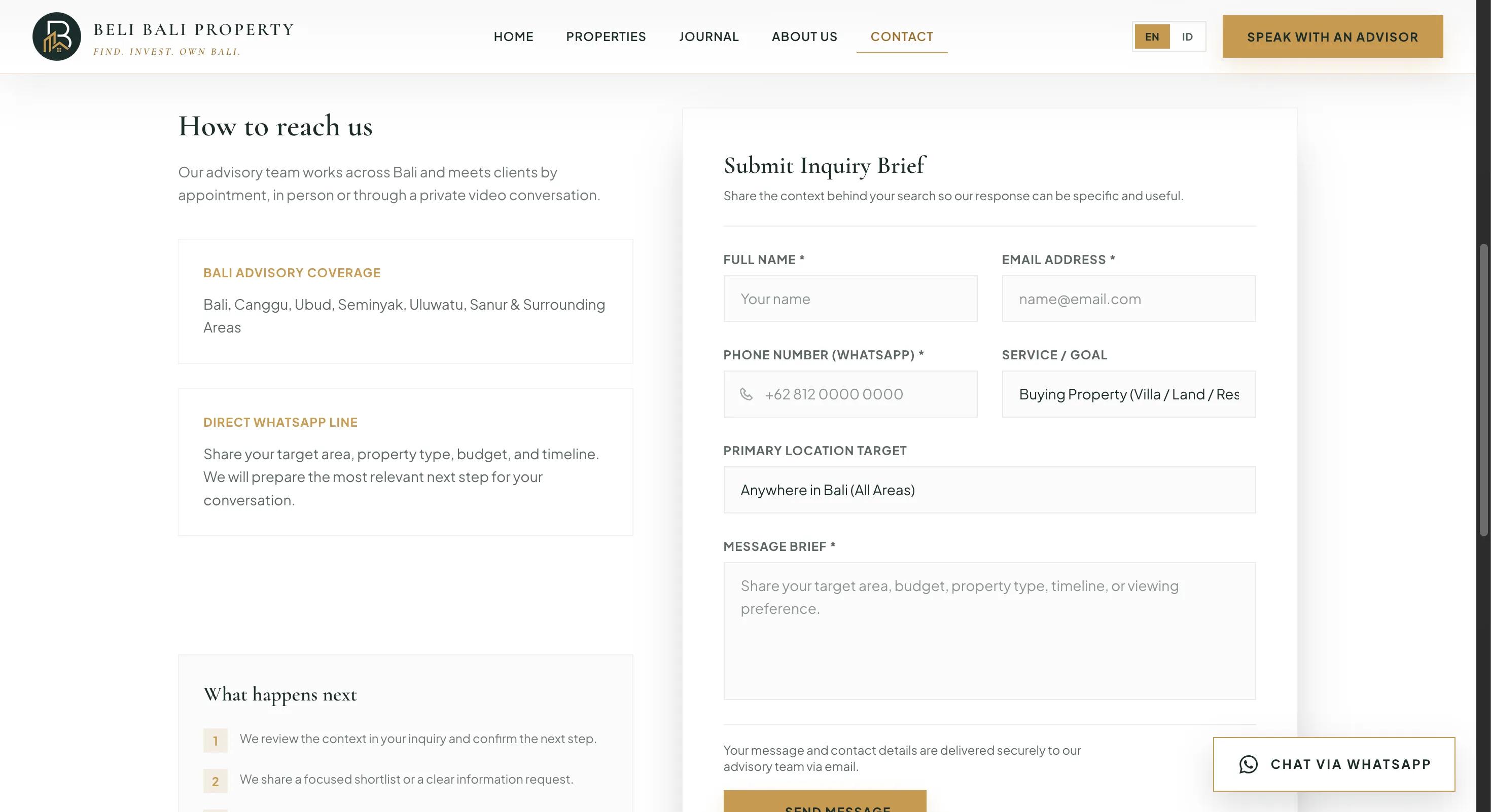 Tampilan kontak konsultasi Beli Bali Property